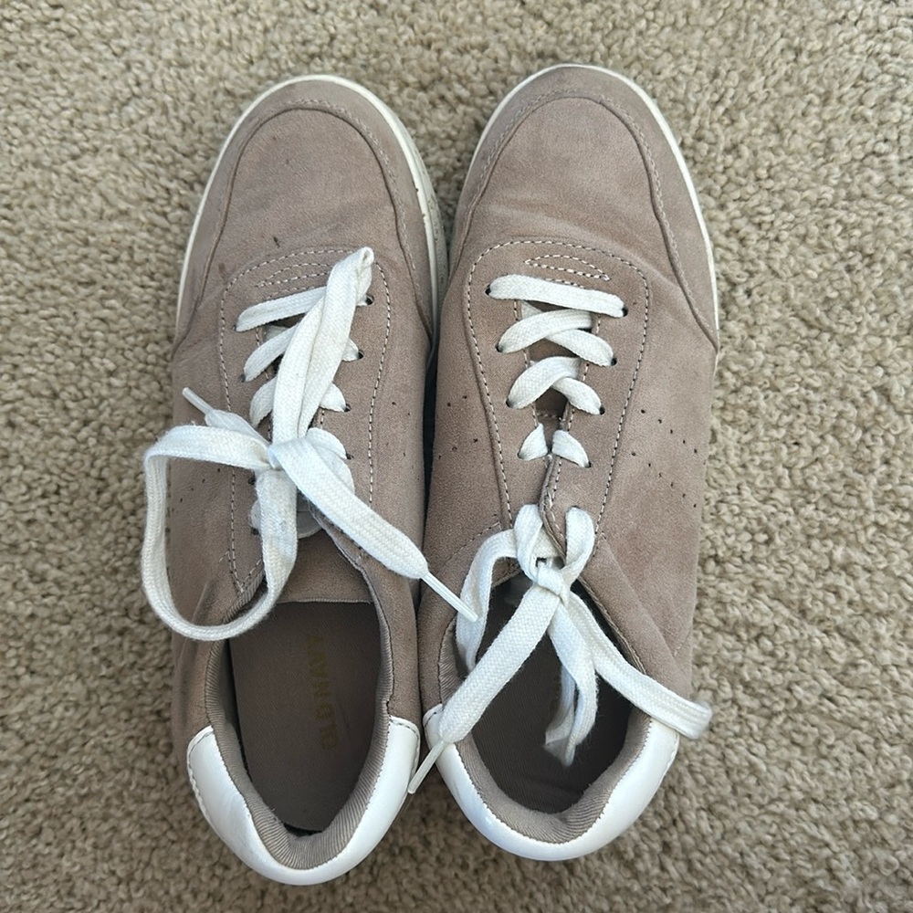 Beige and white sneakers
